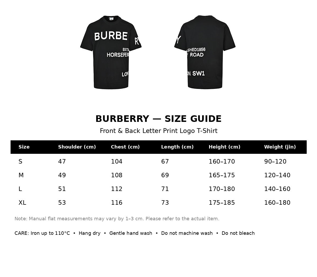 Burberry Casual T-shirt#01 - English Size Chart