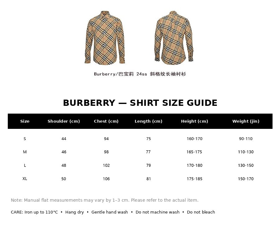Burberry Casual Shirt#15 - English Size Chart