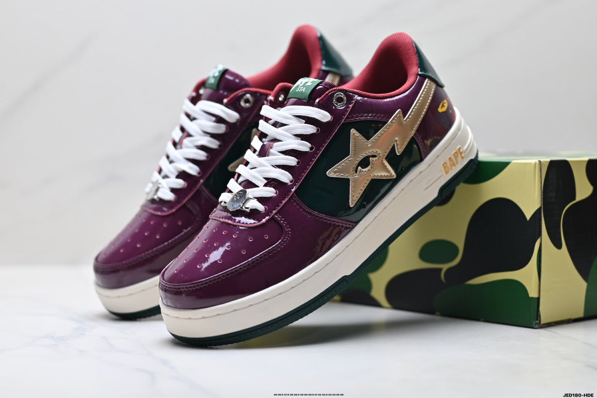 BAPE STA Pastel Leather Sneakers - Burgundy/Green