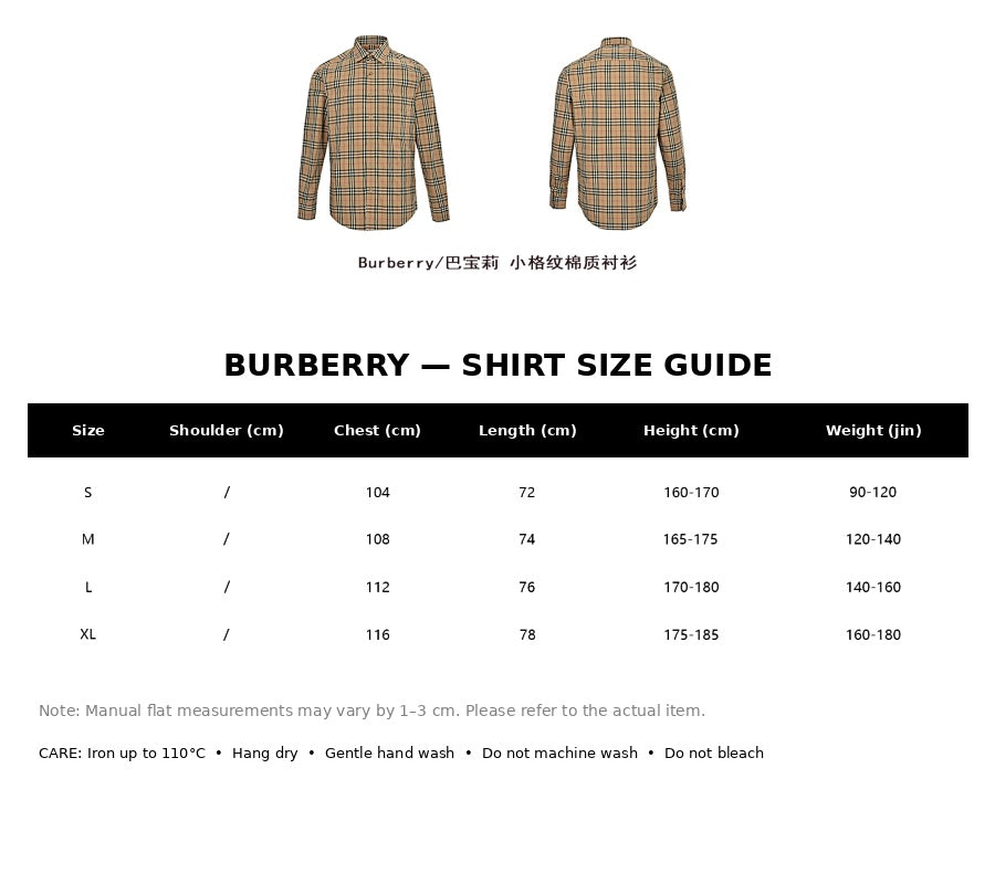 Burberry Casual Shirt#06 - English Size Chart