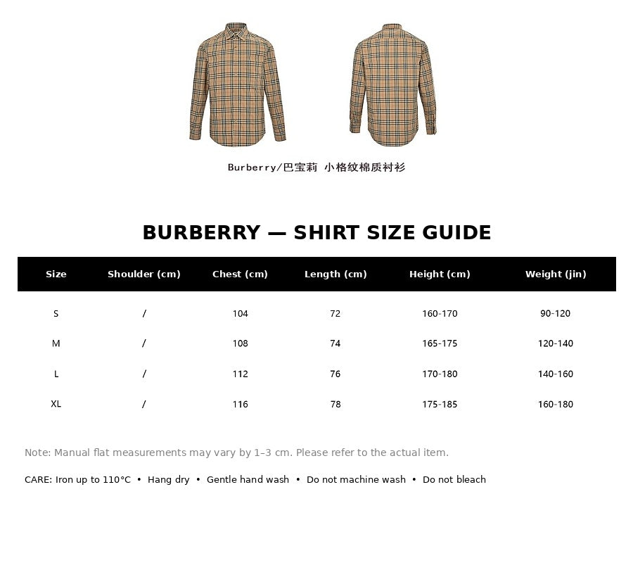 Burberry Casual Shirt#07 - English Size Chart